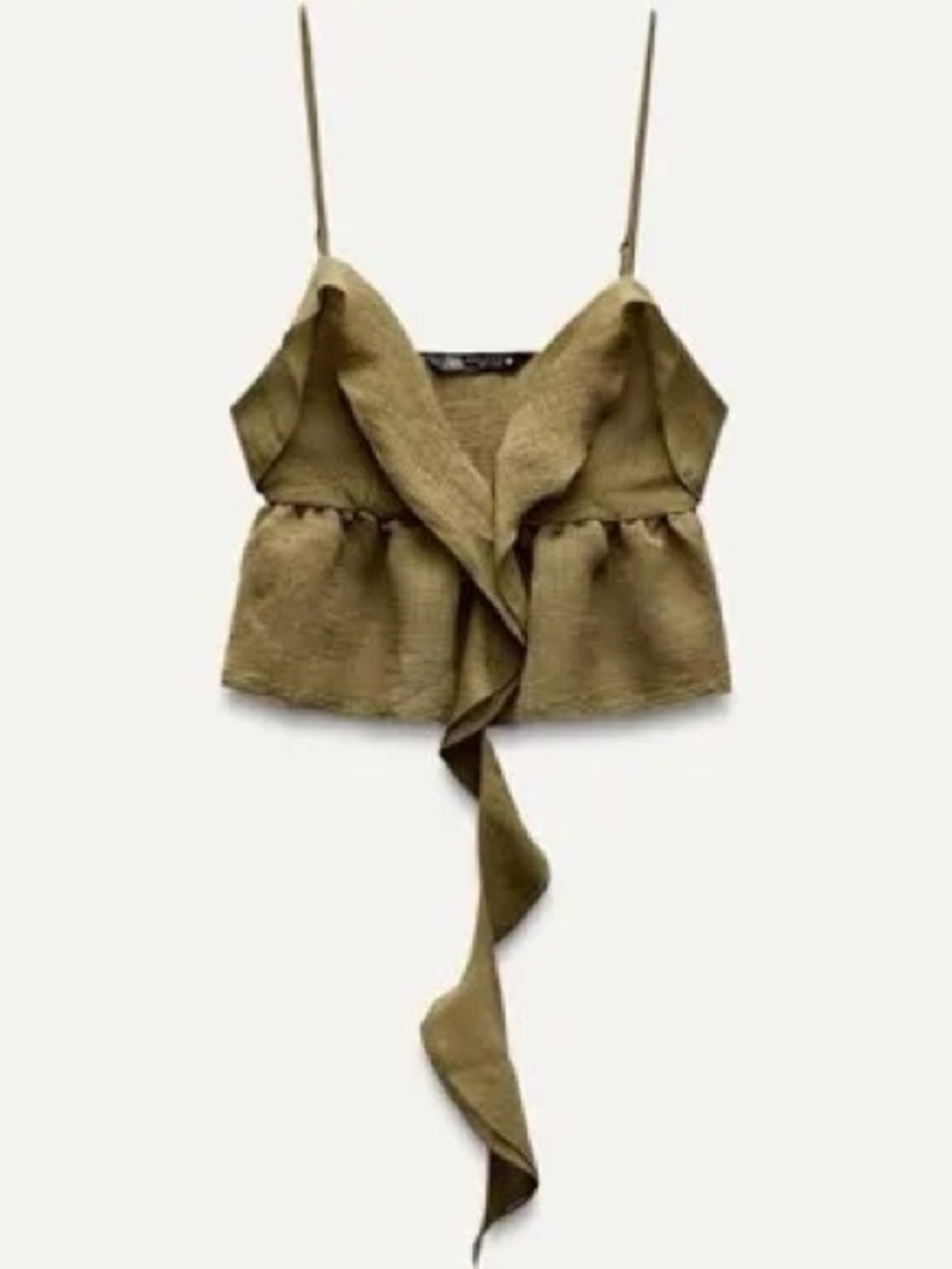 ZARA Ruffle V-Neck Crop Top Olive Green XXL NEW NWOT